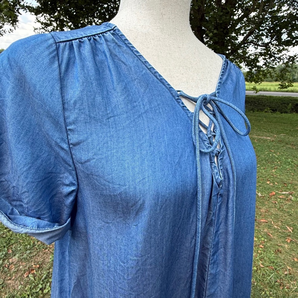 Lucky Brand Womens Blue Lyocell Lace Up V-Neck Shift Dress Medium Wash M - Picture 7 of 10